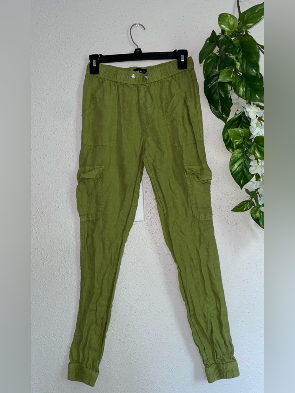 Nicole Miller NY 100% Linen Cargo Jogger Olive Green Boho Utility XS